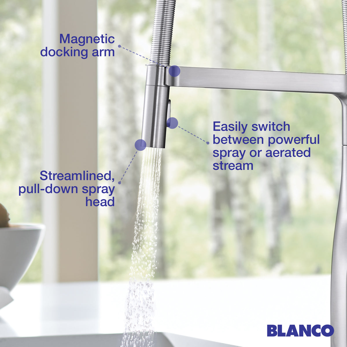 Blanco - 442675 - Rivana Semi-Pro Pull-Down Dual-Spray Kitchen Faucet - Chrome - Infographic