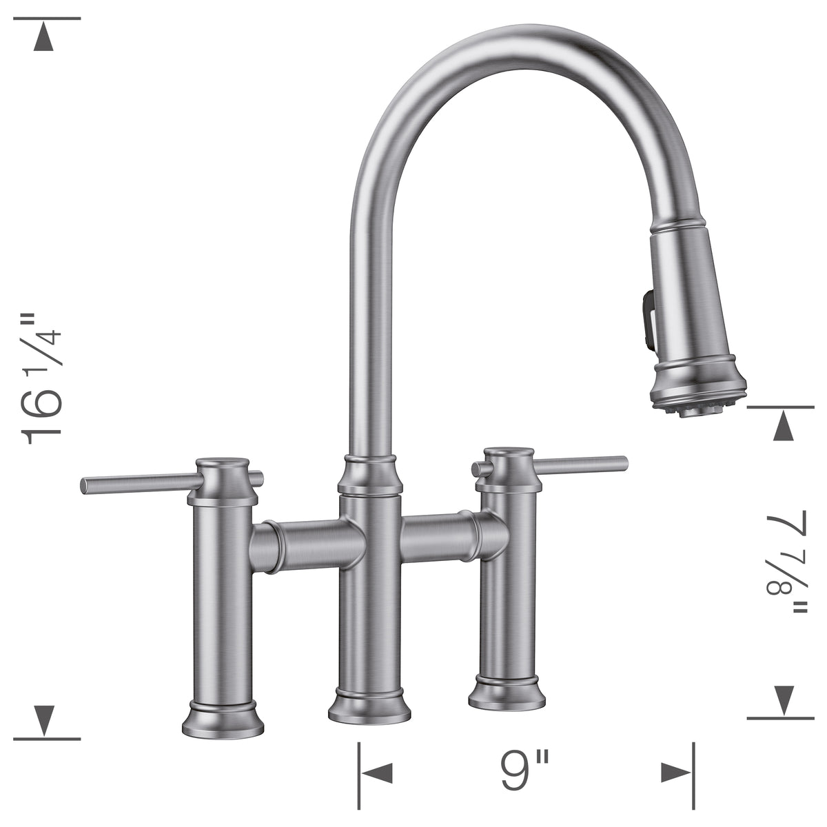 Blanco - 442505 - Empressa Pull-Down Dual-Spray Bridge Faucet - PVD Steel - Dimension Shot