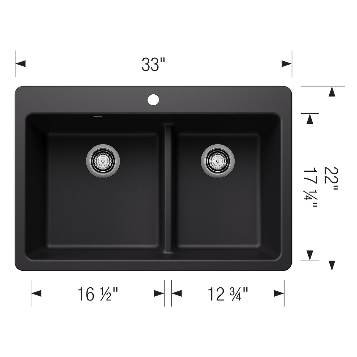 Blanco - 403642 - Liven SILGRANIT 33" 60/40 Double Bowl Dual Mount Kitchen Sink with Low Divide - Coal Black - Dimension Shot