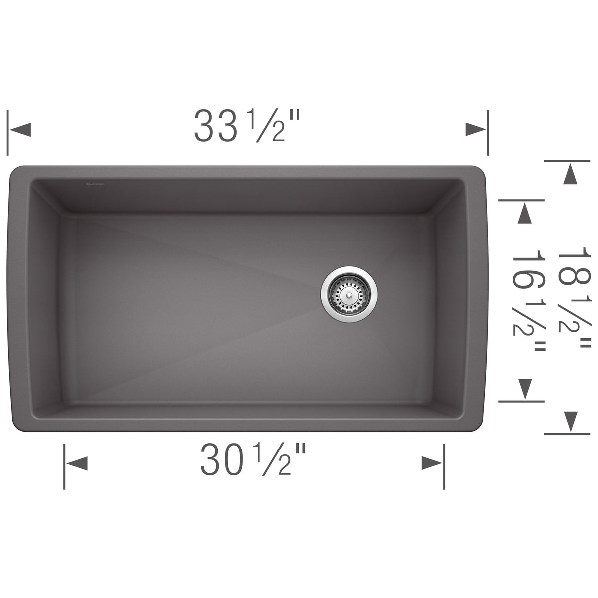 Blanco - 401627 - Diamond SILGRANIT 33" Super Single Undermount Kitchen Sink - Cinder - Dimension Shot