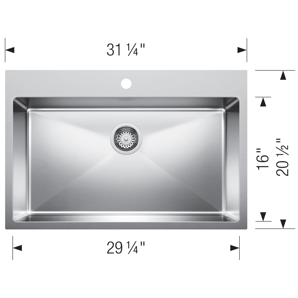 Blanco - 402612 - Quatrus R15 31" Single Bowl Dual Mount Stainless Steel Kitchen Sink - Satin Polish - Dimension Shot