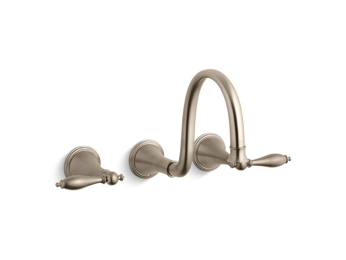 Finial Wall-mount bathroom sink faucet trim with lever handles and 9-3/4" spout, requires valve