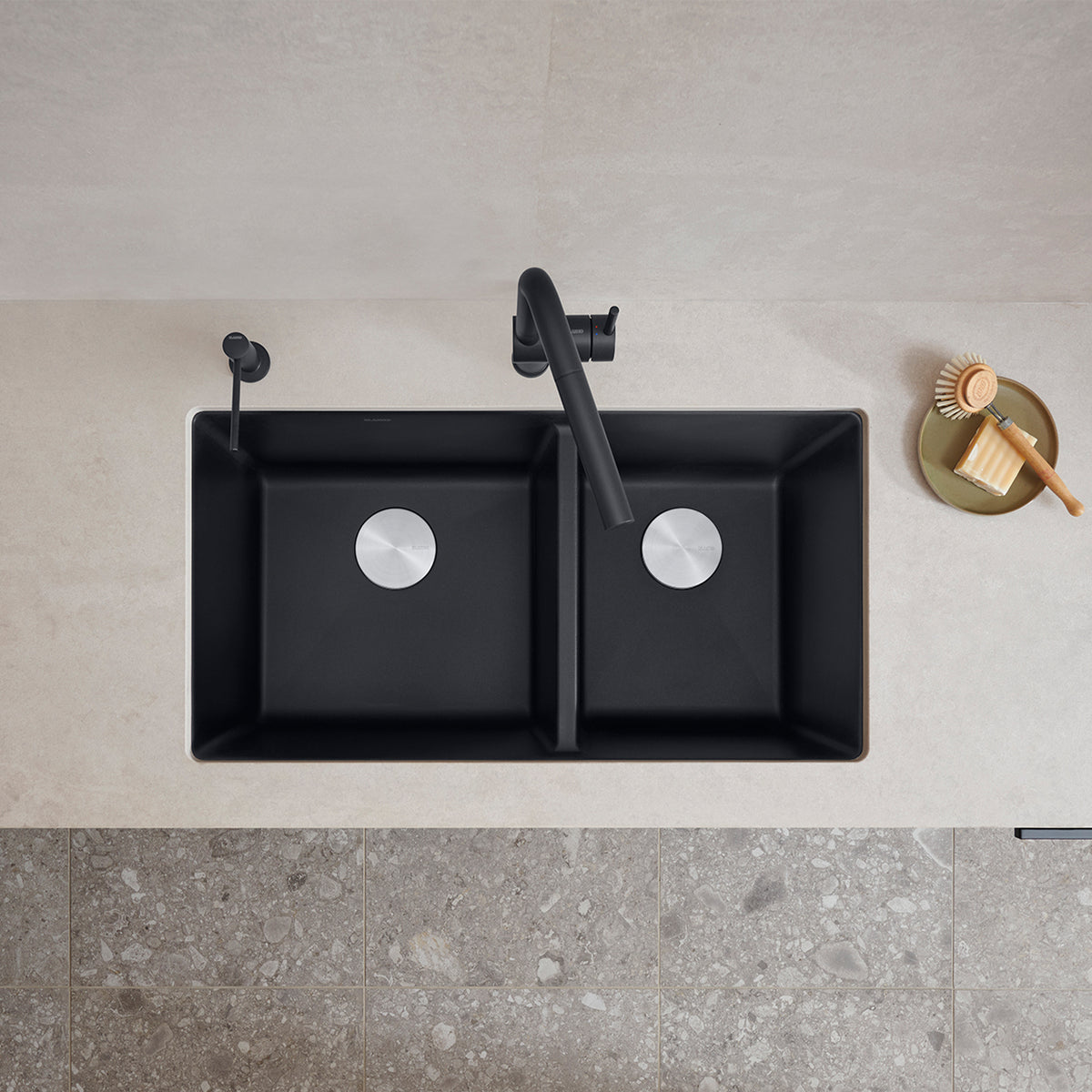 Blanco - 402652 - Precis SILGRANIT 33" 60/40 Double Bowl Undermount Kitchen Sink - Coal Black - Beauty Shot 2